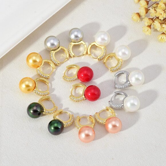 ⚡Gold Hoop Earrings with Purple Pearl and Crystal Pave Elegant Drop Jewelry - Picture 5 of 7